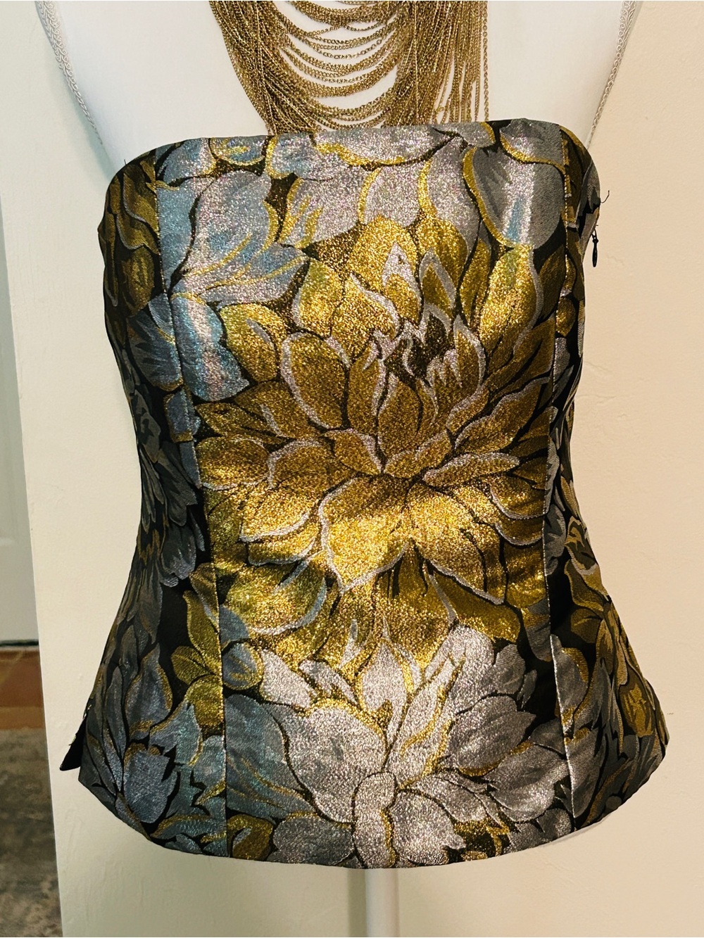 Strapless Floral Lilly Pulizer Brocade Top in Gold and Silver